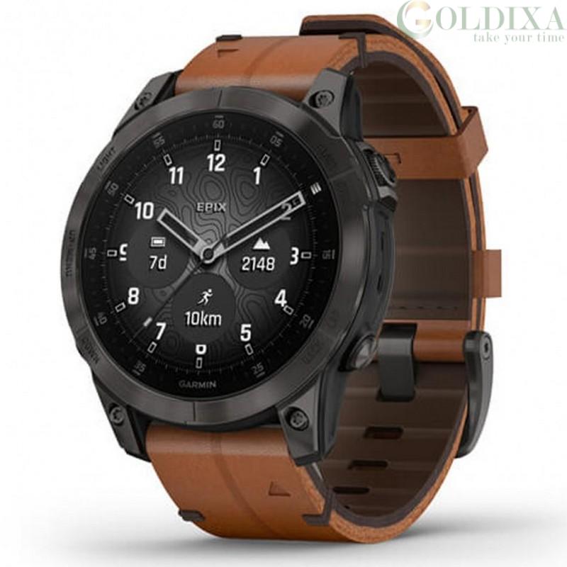 Watches: Garmin Epix Gen 2 men's watch Black titanium 010-02582-30 Chestnut  brown leather strap