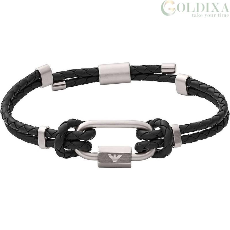 Jewelry: Emporio Armani men's black leather bracelet EGS2796040 steel plate